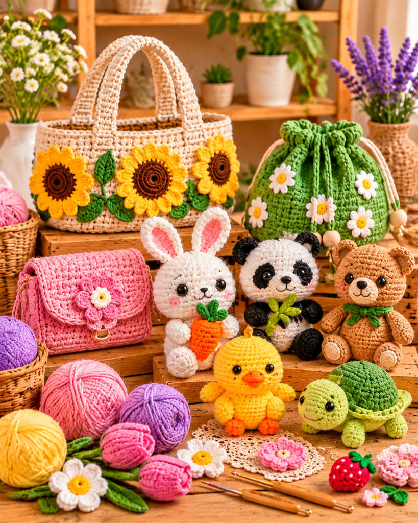 Colorful handmade crochet projects arranged together