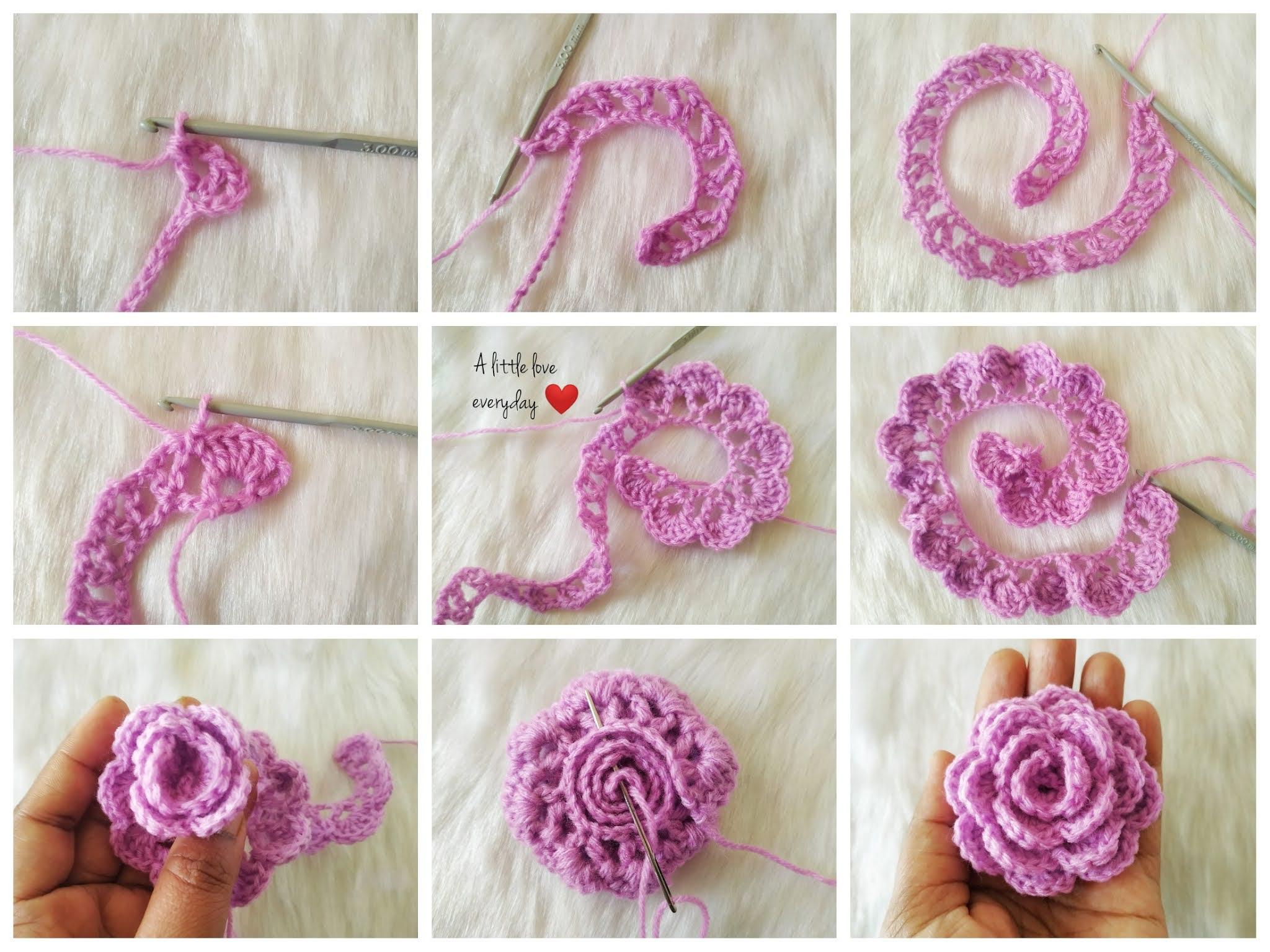 Four-step photo tutorial showing a pink crochet chain, a crocheted strip, rolling the strip into a rose and the finished rose